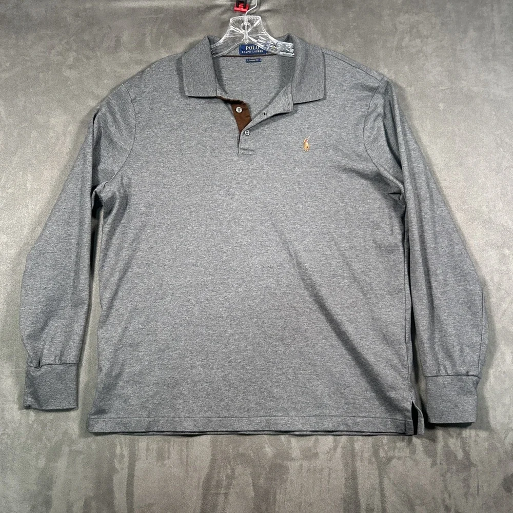 Polo Ralph Lauren Polo Shirt Mens L Gray  Long Sleeve Classic Fit Flesh Pony